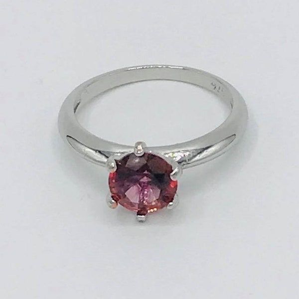 Red Topaz Rhodium Plated Sterling Silver Solitaire Ring Sz 9.5