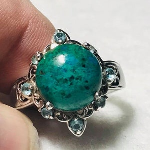 Chrysocolla and Blue Zircon Rhodium Plated Sterling Silver Ring size 9
