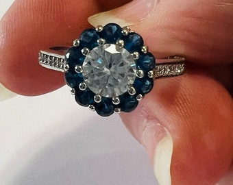 Cubic Zirconia Halo Sterling Silver Rhodium Plated Ring Sz7.5, 9.75 & 10