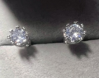 Cubic Zirconia Crown Push Back Sterling Silver Rhodium Plated Earrings