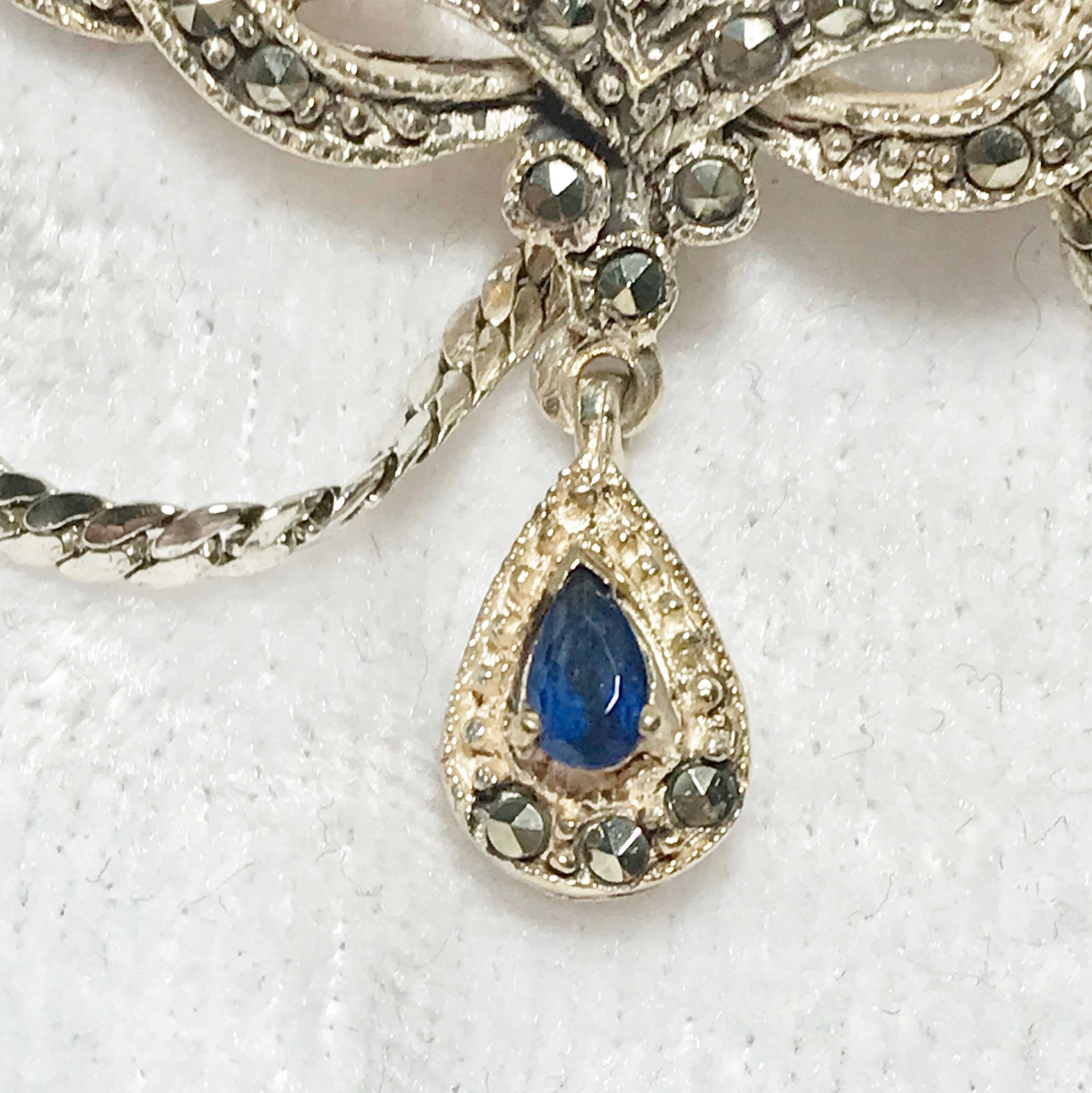Sterling Silver Sapphire Marcasite Pendant Necklace Sterling Silver Sapphire Marcasite Pendant Necklace