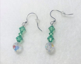 Green and Aurora Borealis Swarovski Stainless Steel Dangle Earrings