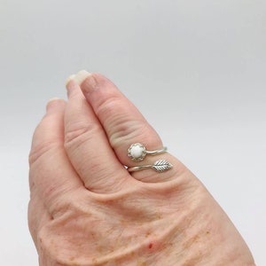 White Opal Sterling Silver Leaf Adjustable Ring Sz 6-8