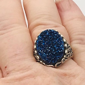 Cobalt Blue Large Drusy Sterling Silver Ring Adjustable Sz 8-9