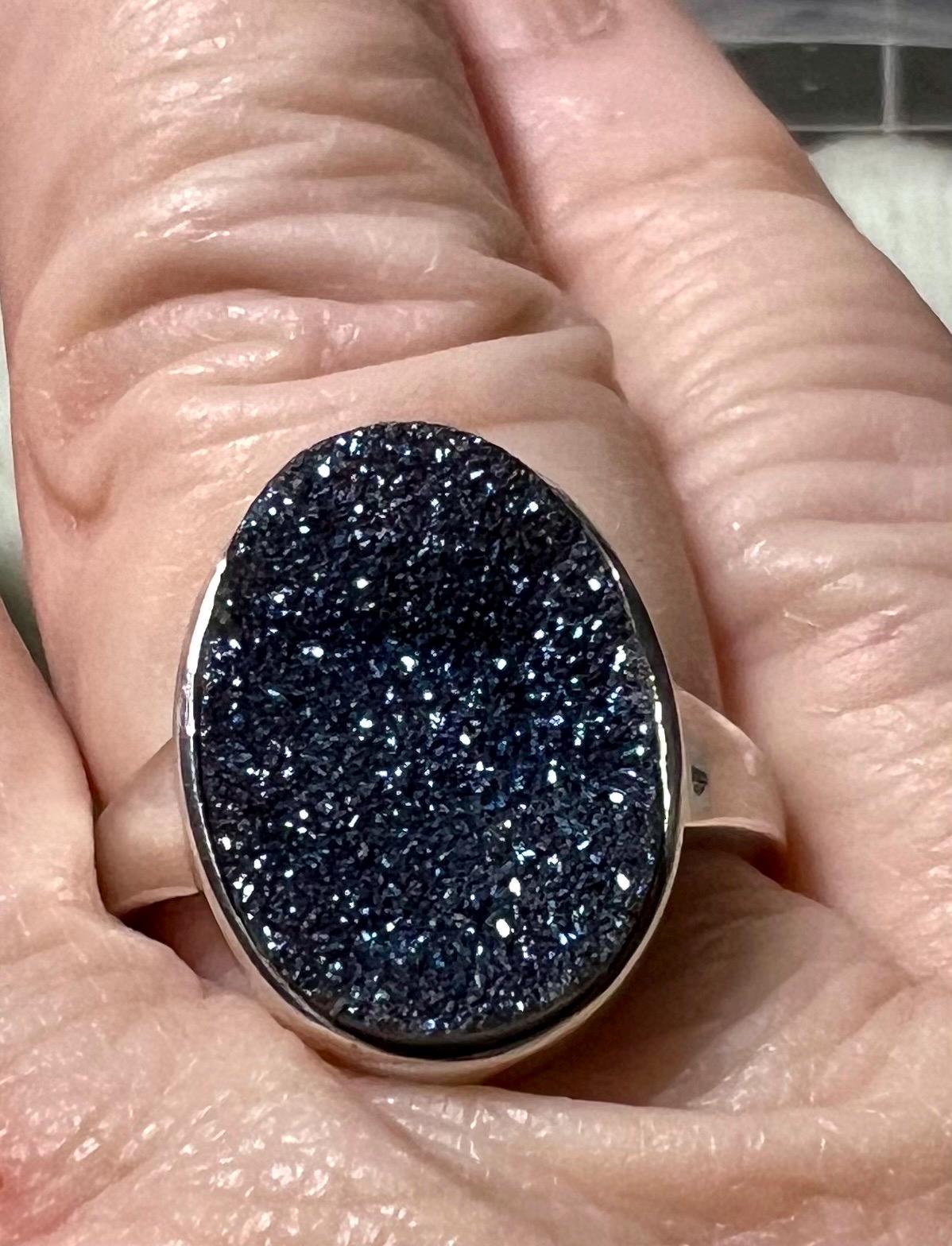 Cobalt Drusy Sterling Silver Rhodium Plated Sz10