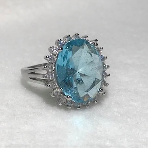 Swiss Blue and White Topaz Halo Sterling Silver Ring Size 10