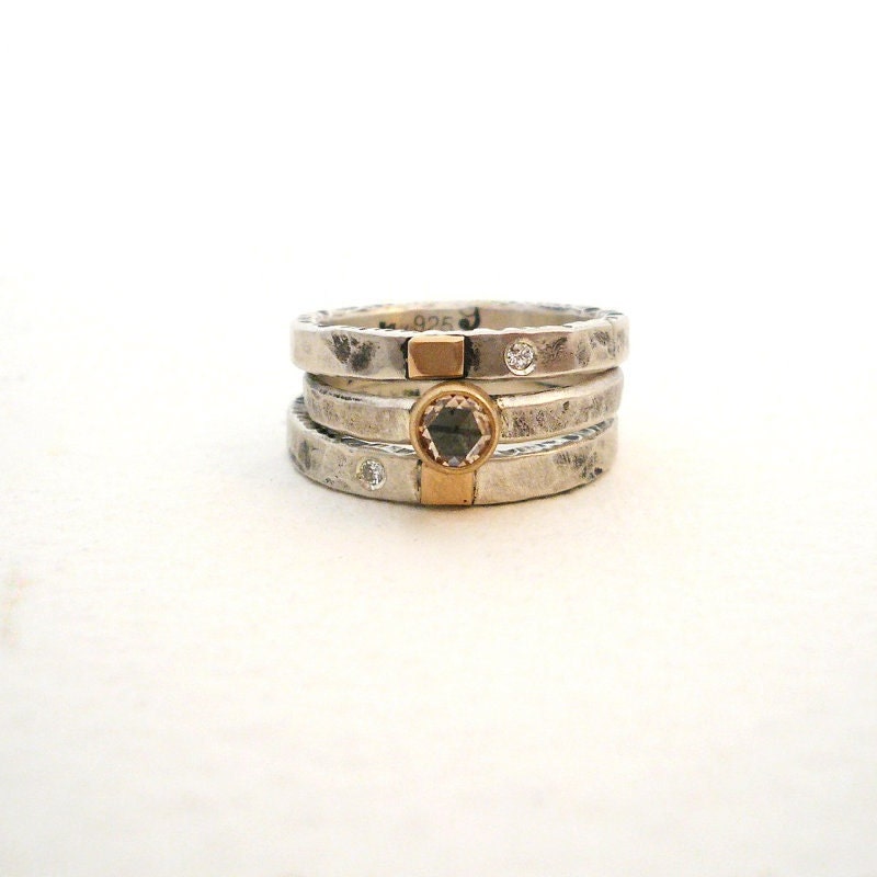 Thin Stackable Ring with Diamond // Sterling Silver and 14k | Etsy