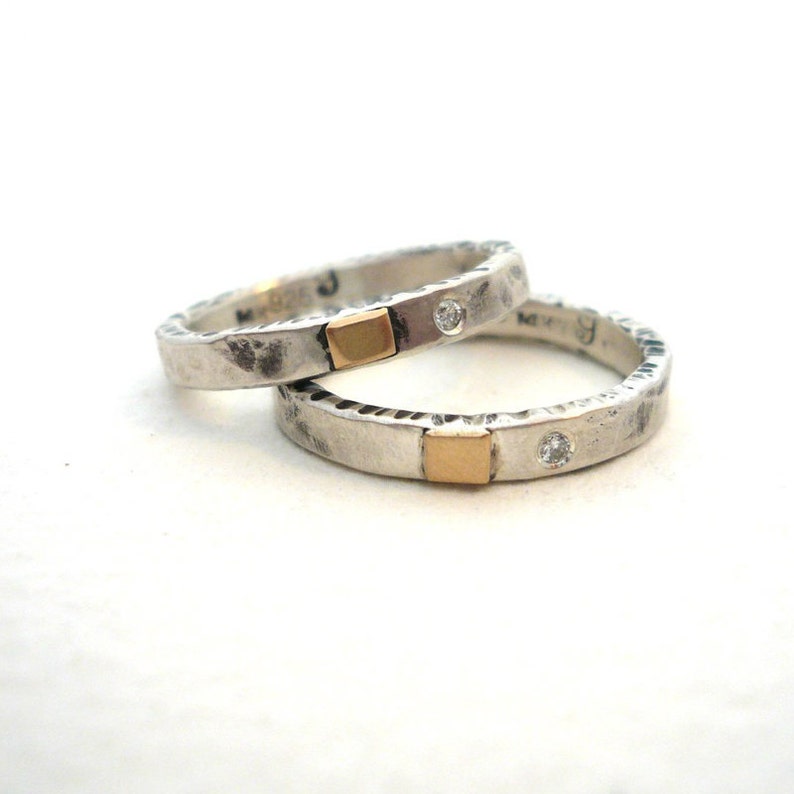 Thin Stackable Ring with Diamond // Sterling Silver and 14k | Etsy