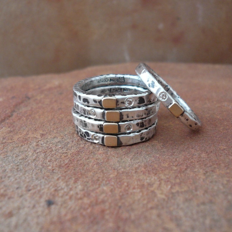 Thin Stackable Ring with Diamond // Sterling Silver and 14k | Etsy