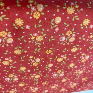 Può includere: Primo piano di un tessuto rosso con un motivo floreale. Il design presenta fiori gialli e bianchi, piccoli punti bianchi e foglie verdi. Il tessuto ha un aspetto leggermente strutturato, suggerendo che potrebbe essere cotone o un materiale simile.