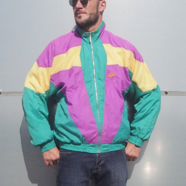 NIKE TRACK JACKET 80's 90's size L Xl // pink yellow green rare og vintage running windbreaker warm up shell retro sport jogging tracksuit