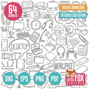 DESKTOP SVG, doodle icons. Desk Equipment Workspace, Work place Secretary Doodle Icons Clipart Scrapbook Set Coloring Line Art Hand Drawn.