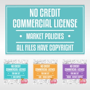 May include: A turquoise blue sign with the text "NO CREDIT COMMERCIAL LICENSE" in white. Below the text is a black line with the text "MARKET POLICIES" in white. Below that is another black line with the text "ALL FILES HAVE COPYRIGHT" in white. There are three smaller signs with the same text, but different colour backgrounds and copy numbers. The first sign is orange and says "1-500 COPIES". The second sign is yellow and says "500-10000 COPIES". The third sign is purple and says "10000-INFINITE COPIES".