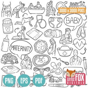 Schwangerschaft, Mutterschaft Doodle Vektor-Symbole. Doodle Icons Clipart Scrapbook Set Hand gezeichnet Linie Kunst. Design Set Artwork Clip Art Malvorlagen.