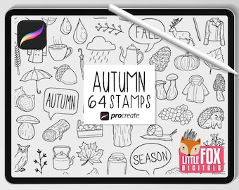 AUTUMN STAMPS, Procreate Brushes, Fall Season Icons, Harvest Bundle Doodles. Thanksgiving Clipart Digital Planner Scrapbook Set Coloring.