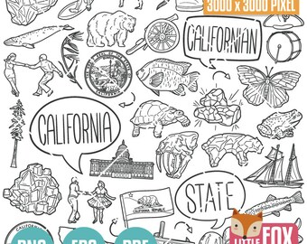 Op de afbeelding: Zwart-witte lijntekeningen van verschillende iconen met een Californië-thema, waaronder een beer, een staatszegel, een schildpad, een vis, een vlinder, een sequoia, een surfer, een dinosaurus, een kikker, een zeilboot, een vlag van de staat, een capitoolgebouw, een spijkerbroek, een trommel, een rots, een 'California'-spraakballon, een 'Californian'-spraakballon, een 'State'-spraakballon en een 'Little Fox Digitals'-logo. De afbeelding is 3000 x 3000 pixels groot en is beschikbaar in de formaten PNG, EPS en PDF.