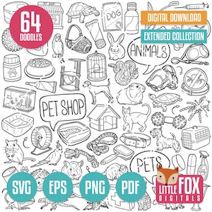 PET SHOP SVG doodle wektorowe ikony. Clipart ze zwierzętami. Zestaw zwierząt domowych Rysowane ręcznie Szkic Linia Kolorowanka. Kolekcja Animal Friend Dog Cat Projekt.