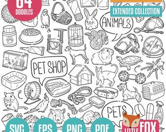 Puede incluir: Una ilustración de dibujo de línea en blanco y negro de 64 garabatos de tienda de mascotas. Los garabatos incluyen animales, suministros para mascotas y artículos de cuidado de mascotas. Los garabatos están dispuestos en un patrón aleatorio. El texto "64 DOODLES" está en un círculo rojo en la parte superior izquierda de la imagen. El texto "DESCARGA DIGITAL COLECCIÓN AMPLIADA" está en la parte superior derecha de la imagen. El texto "(ANIMALES)" está en un globo de diálogo en la parte superior central de la imagen. El texto "(TIENDA DE MASCOTAS)" está en un globo de diálogo en el centro izquierdo de la imagen. El texto "MASCOTAS" está en un globo de diálogo en la parte inferior central de la imagen. El texto "SVG EPS PNG PDF LITTLE FOX DIGITALS" está en la parte inferior de la imagen.