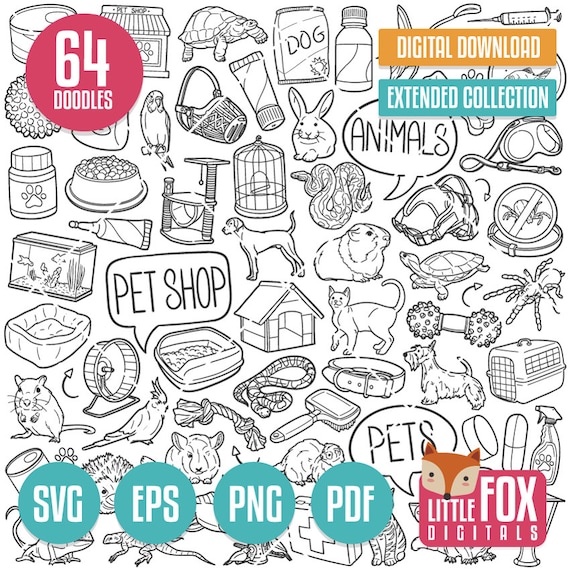 PET SHOP SVG doodle vector icons. Pets Clipart. Pet Animals Set Hand Drawn Sketch Line Coloring. Animal Friend Dog Cat Colection Design.