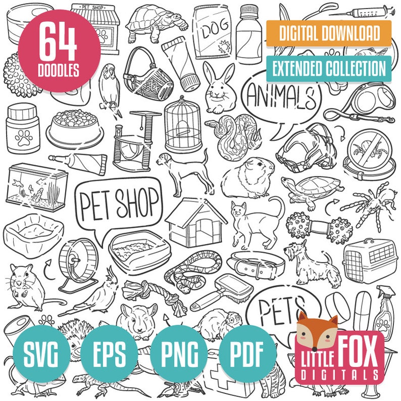 May include: A black and white line drawing illustration of 64 pet shop doodles. The doodles include animals, pet supplies, and pet care items. The doodles are arranged in a random pattern. The text "64 DOODLES" is in a red circle at the top left of the image. The text "DIGITAL DOWNLOAD EXTENDED COLLECTION" is at the top right of the image. The text "(ANIMALS)" is in a speech bubble at the top center of the image. The text "(PET SHOP)" is in a speech bubble at the center left of the image. The text "PETS" is in a speech bubble at the bottom center of the image. The text "SVG EPS PNG PDF LITTLE FOX DIGITALS" is at the bottom of the image.