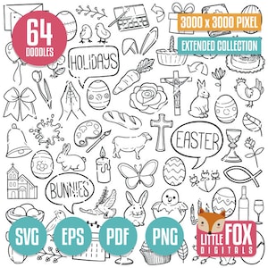 FELIZ PASCUA SVG, iconos vectoriales de garabatos. Egg Bunny and Friends Floral Doodle Iconos Clipart. Conjunto Dibujo dibujado a mano para colorear Garabato dibujado a mano