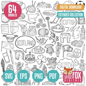ECOSSE SVG, vecteurs d'icônes de doodle. Jeu de vecteurs écossais. Dessins Clipart de tampons dessinés à la main. Illustration artistique au trait à colorier pays écossais.