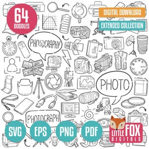 PHOTOGRAPHY SVG, doodle vector icons. Camera Doodle Icons Clipart. Photographer Hand Drawn Line Art Design Clip Art Coloring Sketch.