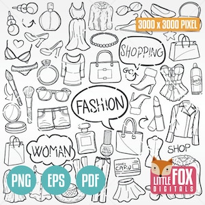 MODA, iconos vectoriales Doodle. Día de compras Mujer Doodle Iconos Clipart Scrapbook Set Coloración Dibujado a mano Línea de diseño Sketch Scribble Art.