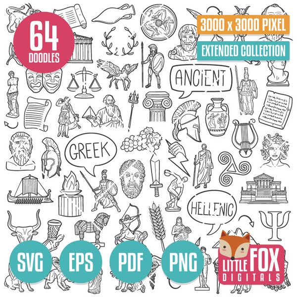 CLASSICAL ANTIQUITY History of Greece SVG Doodle icon vectors. Ancient Greek Design Doodle Icons Clipart. Hand Drawn Design Clip Art Sketch.