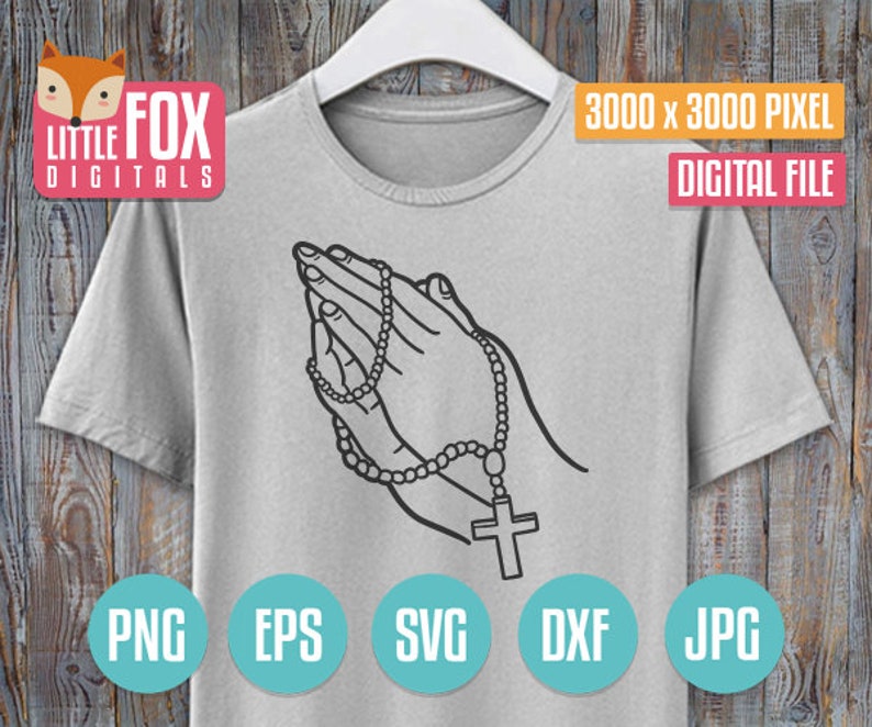 Religion File Vector Vintage design Cross Decor Print Silhouette Cut Design Vector. PRAYING HANDS with ROSARY doodle cuttable design