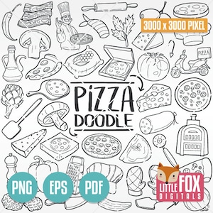 PIZZA Essen Doodle Symbol Clipart Zutaten. Lebensmittel Restaurant Menü Kochen Ristorante Doodle Icons Clipart Pizzeria Färbung Linie Kunst Skizze.