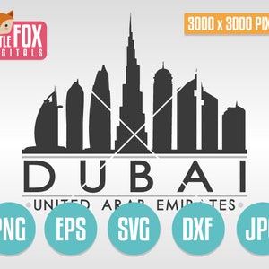 SVG Vector DUBAI Emiratos Árabes Unidos. Horizonte Svg de los Emiratos Árabes. Imágenes prediseñadas de archivo recortado Svg. Diseño Svg de archivo de corte. Silueta Vector Svg Horizonte del paisaje urbano.