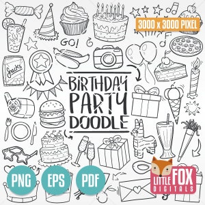 JOYEUX ANNIVERSAIRE, icônes vectorielles de fête doodle. Célébration anniversaire Doodle icônes Clipart. Ensemble d'oeuvres d'art à colorier, croquis dessinés à la main, gribouillage.