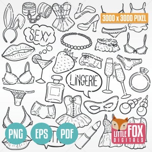 EROTISCHE LINGERIE, Frau Doodle Icons. Erotik Clipart Scrapbook Set Färbung Sex Sexy Linie Kunst. Handgezeichnete Sammlung Scribble Sketch Party.