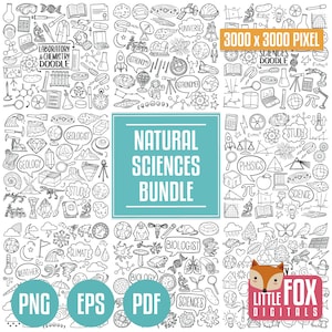 Paquete CIENCIAS NATURALES. Iconos de Doodle de Ciencias de la Tierra. Doodle de imágenes prediseñadas de científico. Establecer libro de recortes de arte de línea de dibujo a mano para colorear. Iconos de la ciencia.