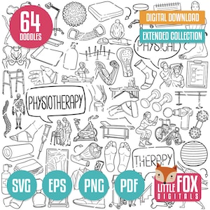 Könnte beinhalten: Eine Schwarzweißillustration von 64 Kritzeleien zum Thema Physiotherapie. Die Kritzeleien beinhalten einen Rollator, Krücken, einen Physiotherapeuten, einen Patienten, eine Massageliege, Hanteln, eine Wirbelsäule, ein Bein, einen Fuß, eine Hand, einen Ball, eine Schaumstoffrolle, ein Laufband, ein stationäres Fahrrad und mehr. Der Text "64 DOODLES" befindet sich in einem roten Kreis oben links im Bild. Der Text "DIGITAL DOWNLOAD EXTENDED COLLECTION (PHYSICAL) C" befindet sich in einem blauen Rechteck oben rechts im Bild. Der Text "(PHYSIOTHERAPY)" befindet sich in einer Sprechblase in der Mitte des Bildes. Der Text "THERAPY" befindet sich unten rechts im Bild. Der Text "SVG EPS PNG PDF LITTLE FOX DIGITALS" befindet sich unten im Bild.