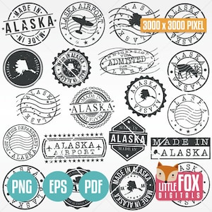 ALASKA Stamps, AK USA Set of Postmark. Made in Seal Travel Passport Postage. Made in Alaska Map Silhouette Clipart Digital Illustration.