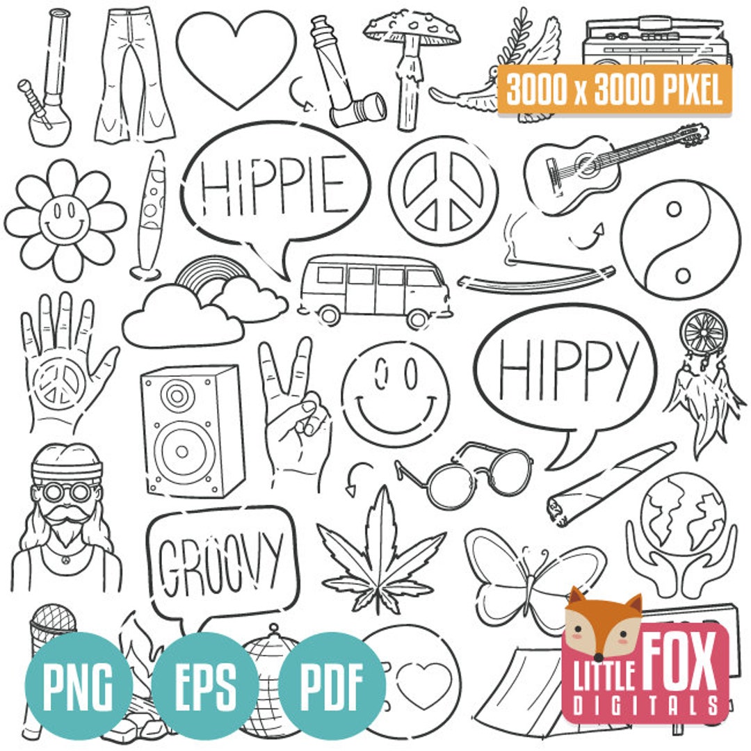 HIPPIE Icons Doodle Set. Hippy Icons Clipart Scrapbook. Retro 60's Smile  and Groovy Hand Drawn. Vector Doodle Clip Art Coloring Sketch. 