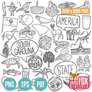 SOUTH CAROLINA Staatssymbolen. Amerikaanse staat clipart. SC Charleston Myrtle pictogrammen Doodle. Plakboek. Hand getrokken lijntekeningen. Ontwerp Kunstwerk.