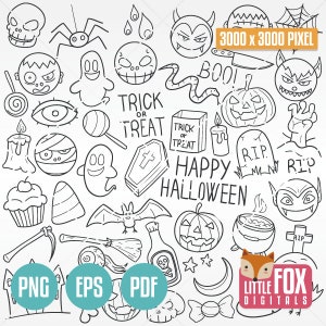 HALLOWEEN, icônes vectorielles de doodle. Joyeux automne Trick or Treat Concept Art Cartoon Doodle Clipart. Coloriage Dessin Au Trait Dessiné Main Croquis Griffonnage