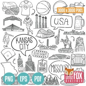Icônes DOODLE KANSAS CITY, Missouri. Voyagez en Amérique du tourisme. Culture et symboles. Album de cliparts icônes. Définir la conception d'art au trait dessiné à la main.