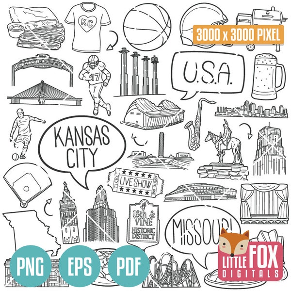 KANSAS CITY, Missouri DOODLE Icons. Travel America Tourism. Culture and Symbols. Icons Clipart Scrapbook. Set Hand Drawn Line Art Design.