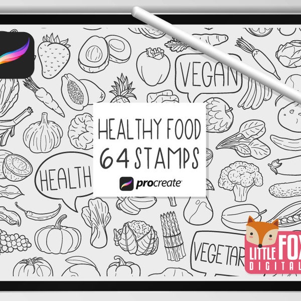 HEALTHY FOOD STAMPS, Procreate Brushes, Vegetable Food Icons, Vegetarian Bundle Doodles. Digital Sticker Planner Scrapbook Set Coloring.