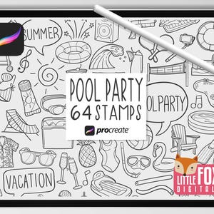 SELLOS DE FIESTA EN LA PISCINA, Pinceles para Procreate, Iconos de verano, Paquete de garabatos con símbolos de vacaciones. Clipart de natación, Planificador digital, Álbum de recortes para colorear.