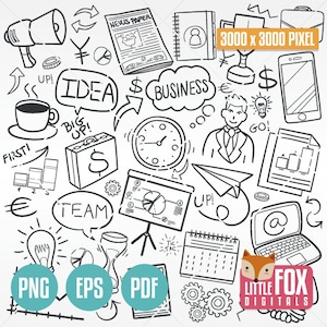 VECTOR EPS Business Financial Work Doodle Icons Clipart Scrapbook Set Coloring Hand Drawn Sketch Line Art Hand Drawn Design PNG Scrapbooking