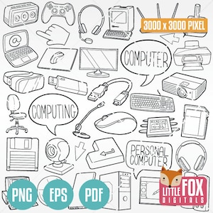 COMPUTER, Doodle-Symbol Vektor. Ingenieur Informatiker Kunst Cartoon Clipart. Retro Hardware Set Digital Färbung Handgezeichnete Linie Kunst.