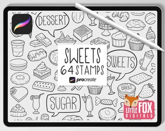 BAKERY STAMPS, Procreate Brushes, Pastry Food Icons, Cake Bundle Doodles. Sweets Baking Digital Sticker Planner Scrapbook Set Coloring.