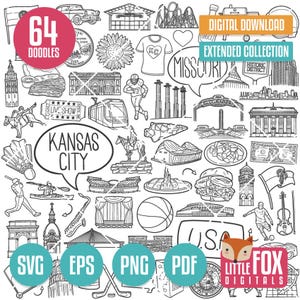 KANSAS CITY SVG doodle wektorowe ikony. Clipart budynku miasta. Kolorowanka Missouri. Kultura Podróże Turystyka Ręcznie rysowany projekt Scribble.