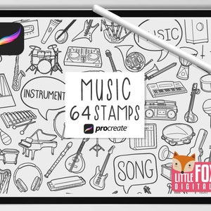 MUZIEKSTEMPELS, Procreëer Borstels, Muziekinstrumenten Iconen, Muziekband Bundel Doodles. Digitale Sticker Planner Scrapbook Set Kleurplaten.