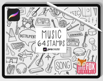 MUSIC STAMPS, Procreate Brushes, Musical Instruments Icons, Music Band Bundle Doodles. Digital Sticker Planner Scrapbook Set Coloring.